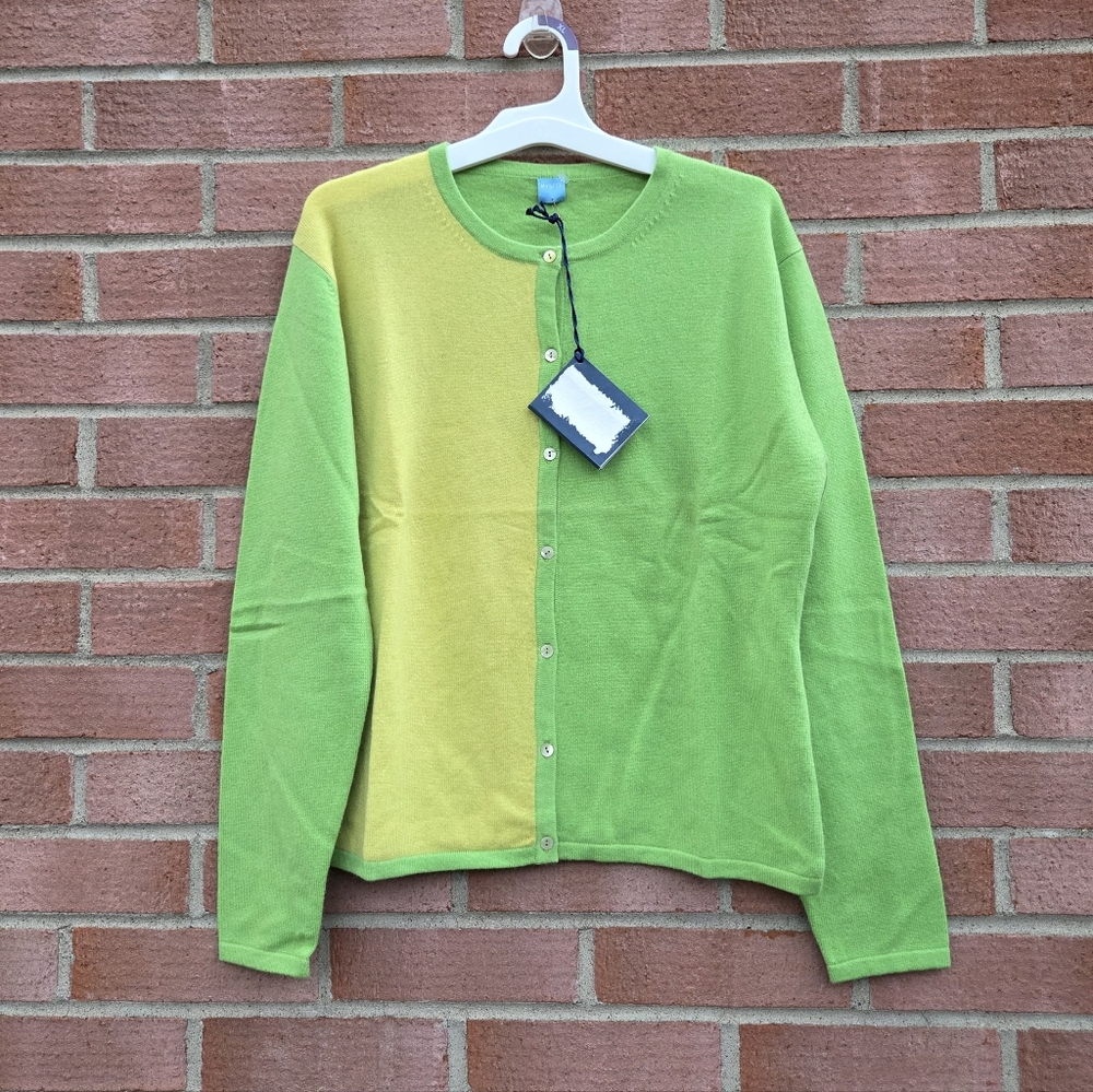 Myself Milano Colorblock Green Yellow Cashmere Cardigan Large Fitted Preppy